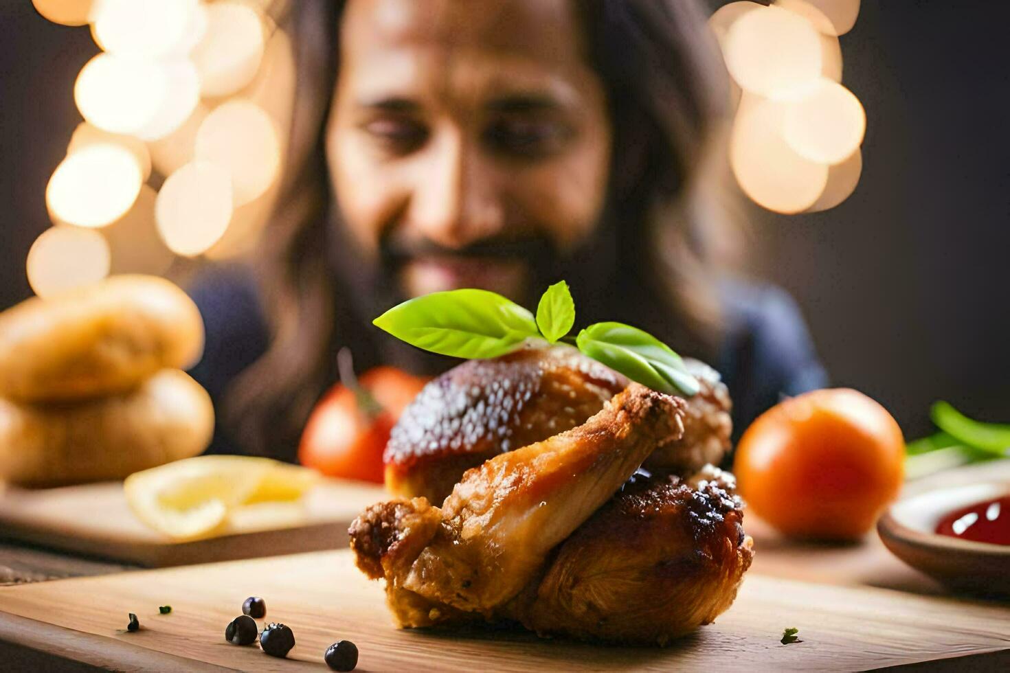 a man with long hair is looking at a chicken on a wooden cutting board. AI-Generated photo