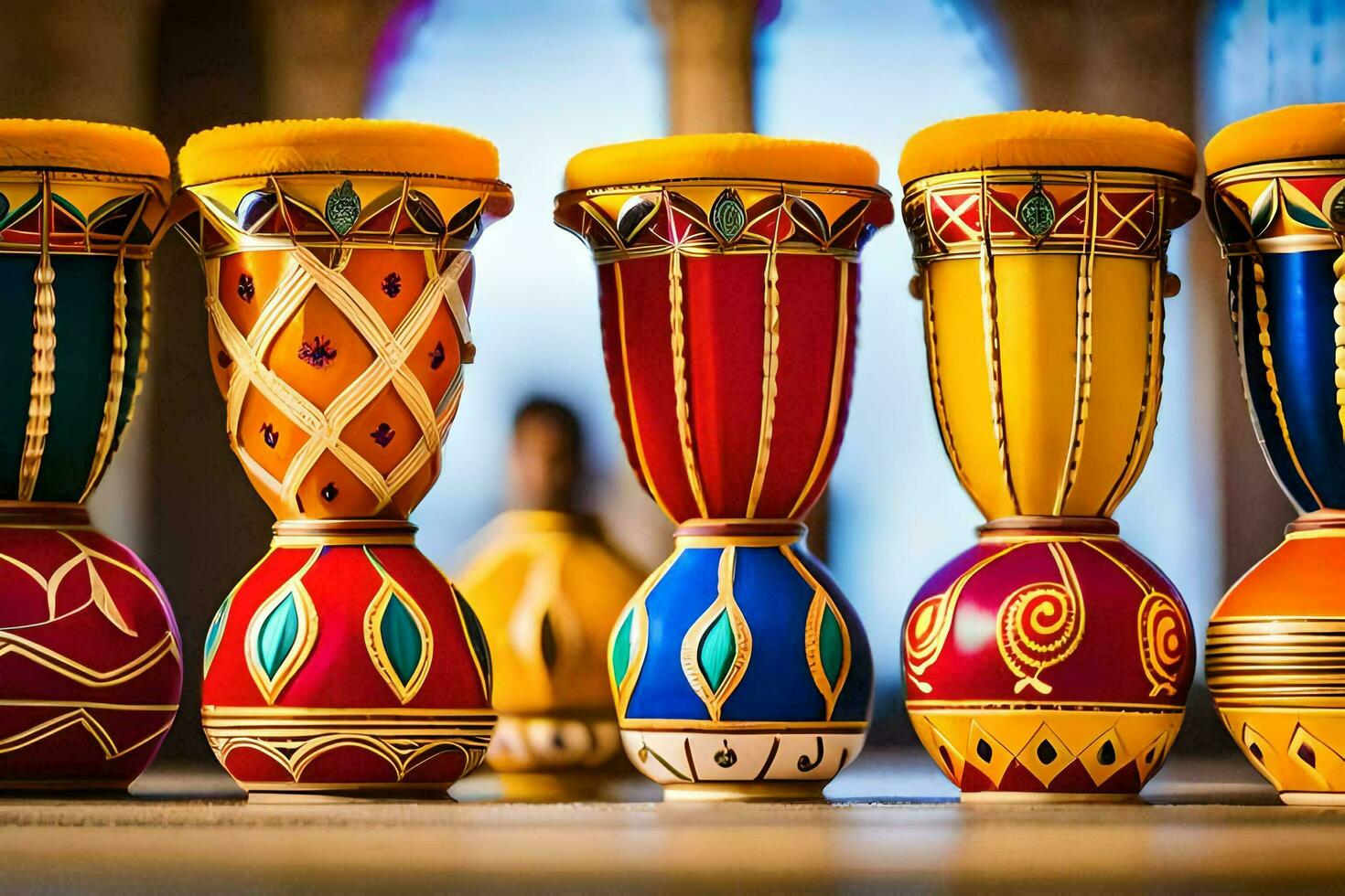 a row of colorful drums on a table. AI-Generated photo