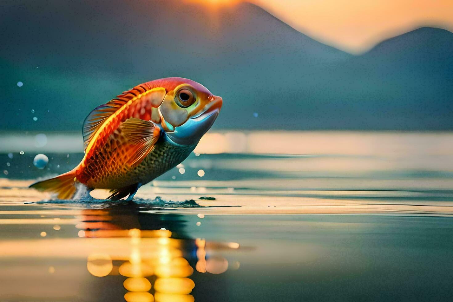 a fish is jumping out of the water at sunset. AI-Generated photo