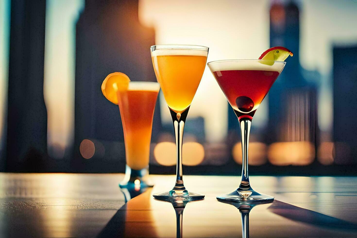 three different cocktails are sitting on a table in front of a city skyline. AI-Generated photo