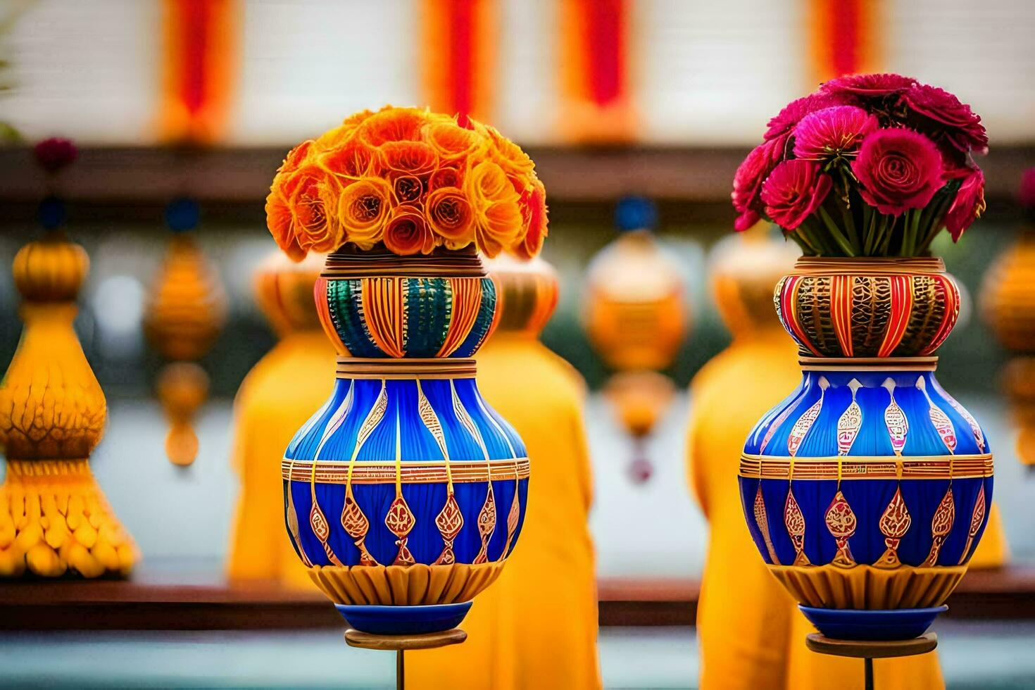 colorful vases with flowers on them in front of a table. AI-Generated photo