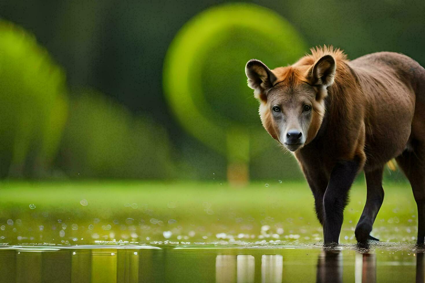 a brown deer walking through a pond. AI-Generated photo