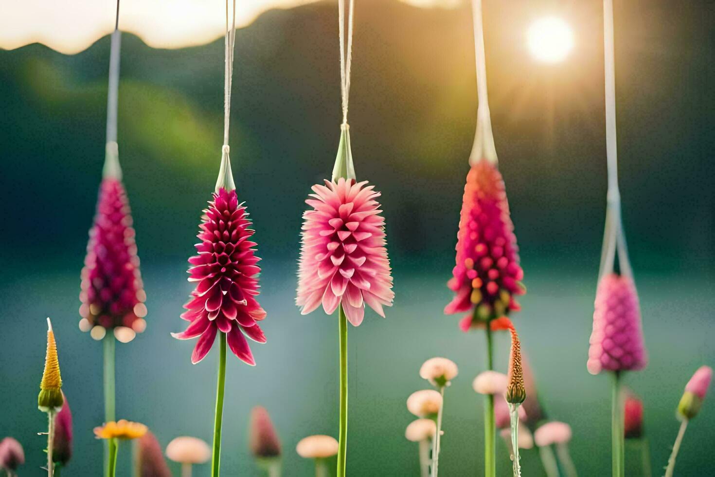 flowers hanging from strings in the sun. AI-Generated photo