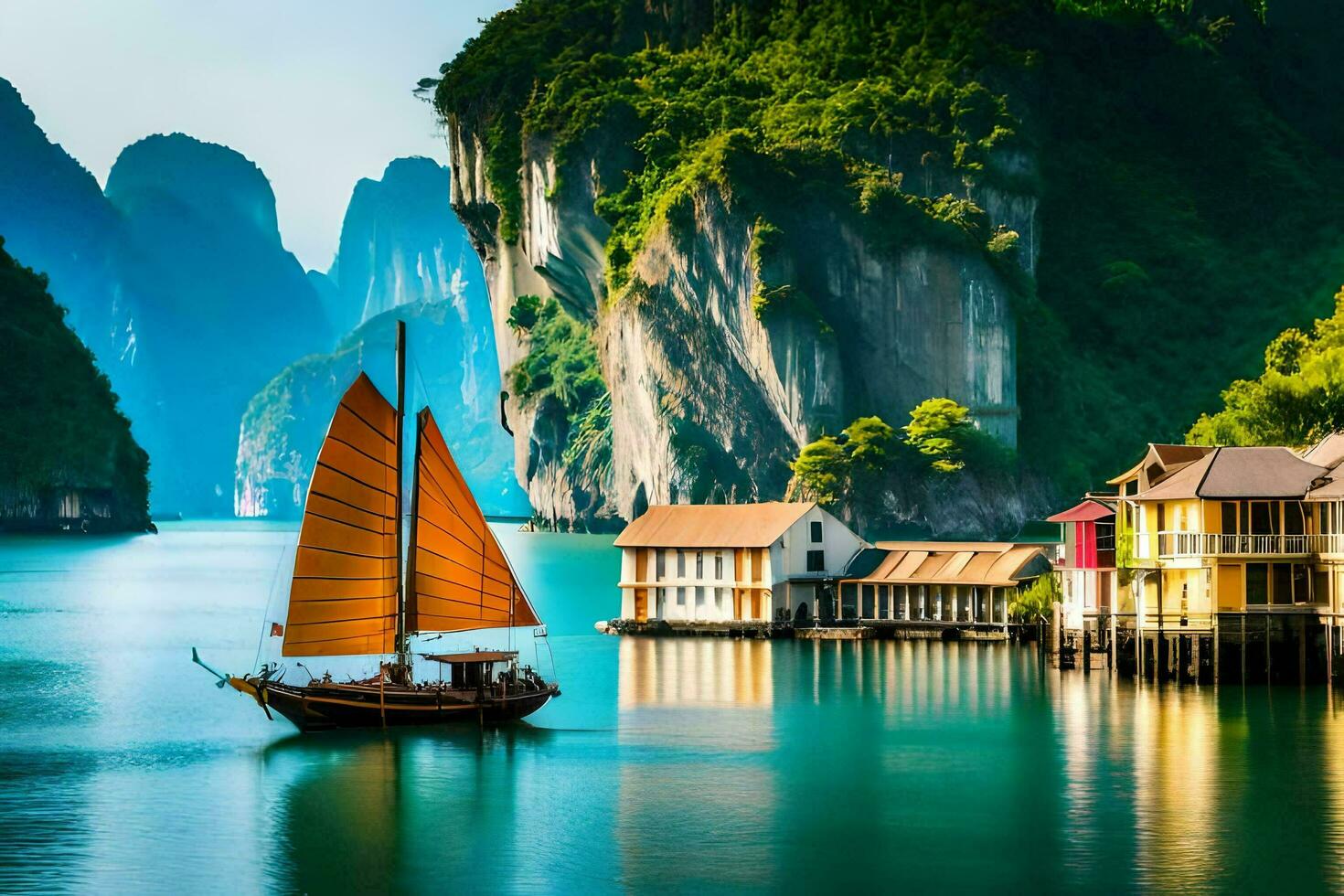 a boat in the water near a mountain. AI-Generated photo