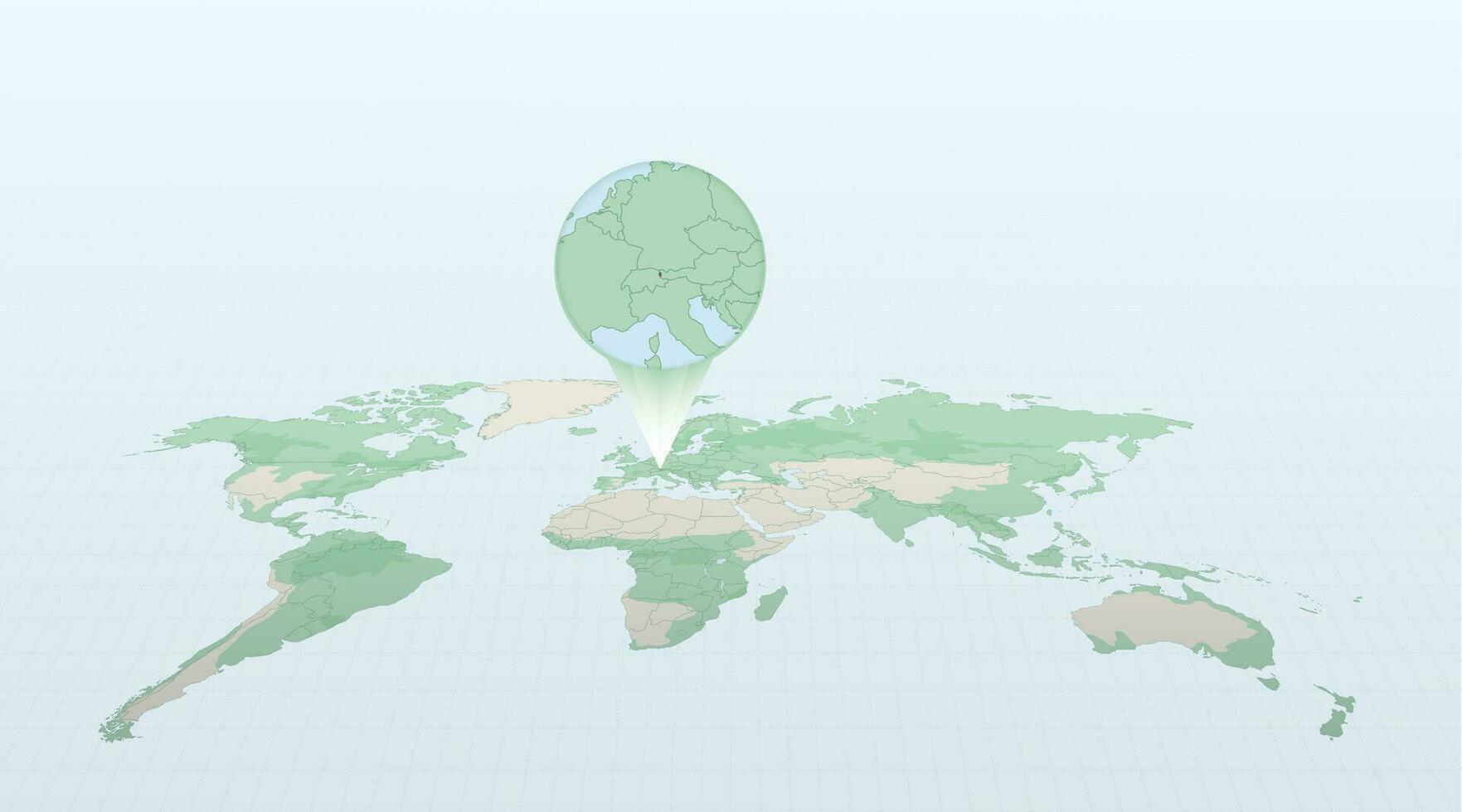 mundo mapa en perspectiva demostración el ubicación de el país Liechtenstein con detallado mapa con bandera de Liechtenstein. vector