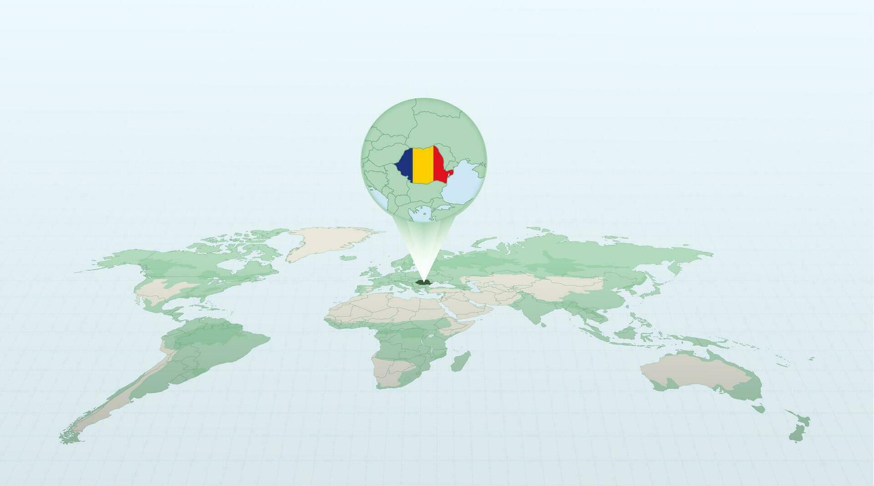 World map in perspective showing the location of the country Romania with detailed map with flag of Romania. vector