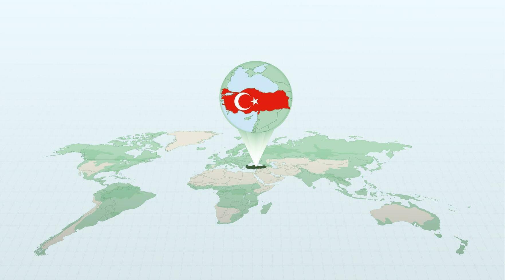 World map in perspective showing the location of the country Turkey with detailed map with flag of Turkey. vector