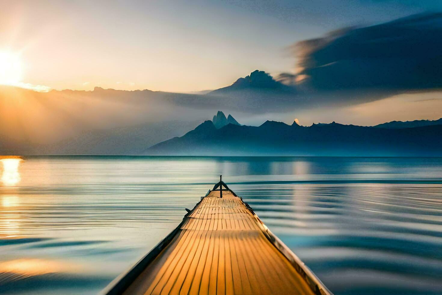 a long wooden boat is floating in the water at sunset. AI-Generated photo
