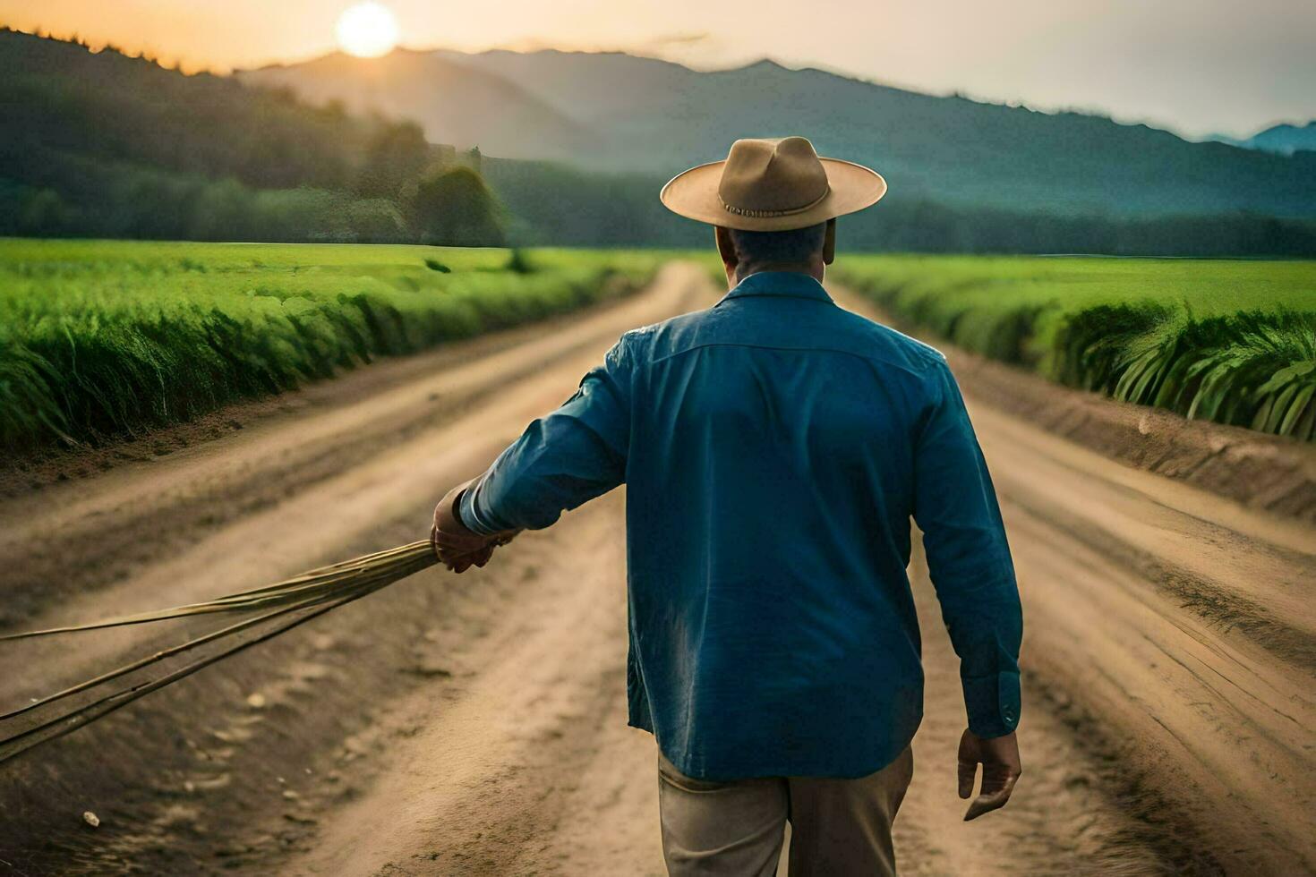 a man walking down a dirt road with a straw hat. AI-Generated photo