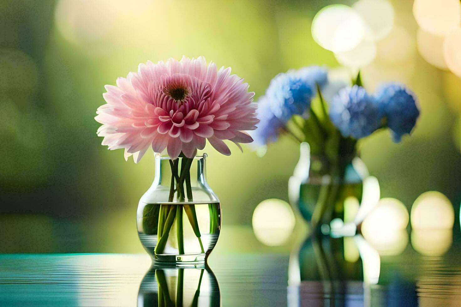 dos floreros con flores en un mesa. generado por ai foto