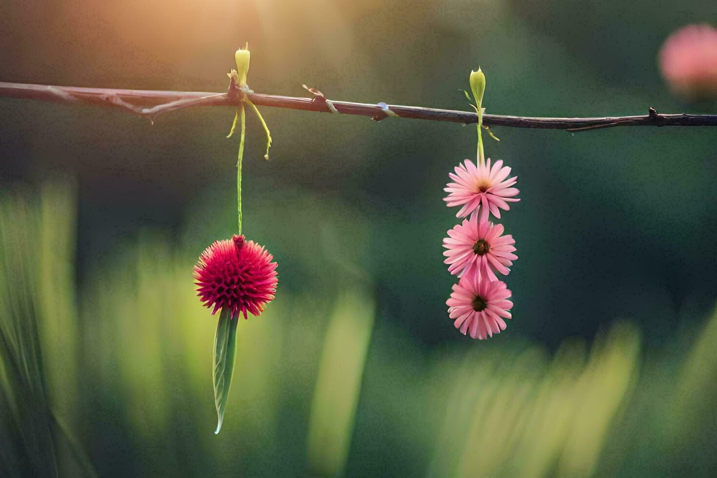two pink flowers hanging from a branch. AI-Generated photo