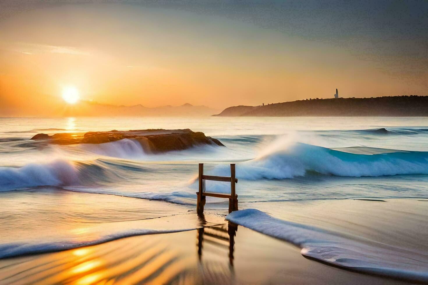 a wooden pier on the beach at sunset. AI-Generated photo