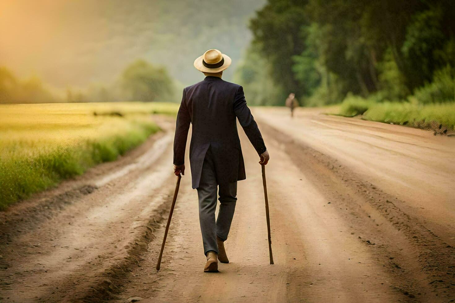 un hombre en un traje caminando abajo un suciedad la carretera. generado por ai foto