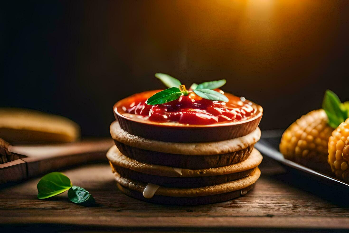 corn, tomato sauce and bread on a wooden table. AI-Generated photo