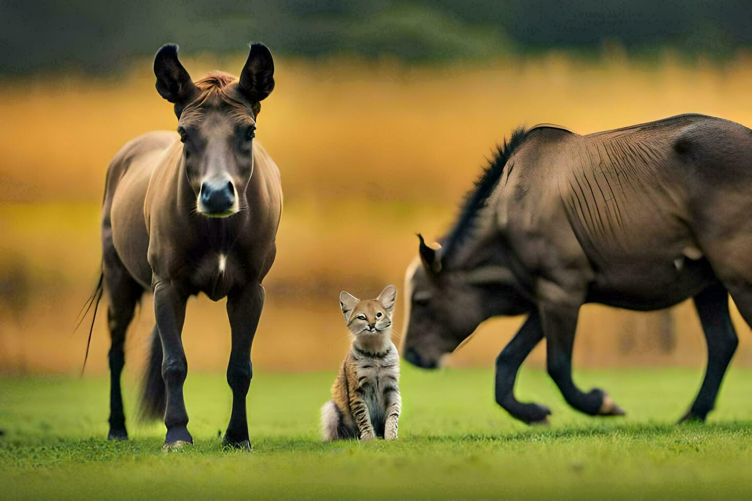 un gato y un caballo en un campo. generado por ai foto