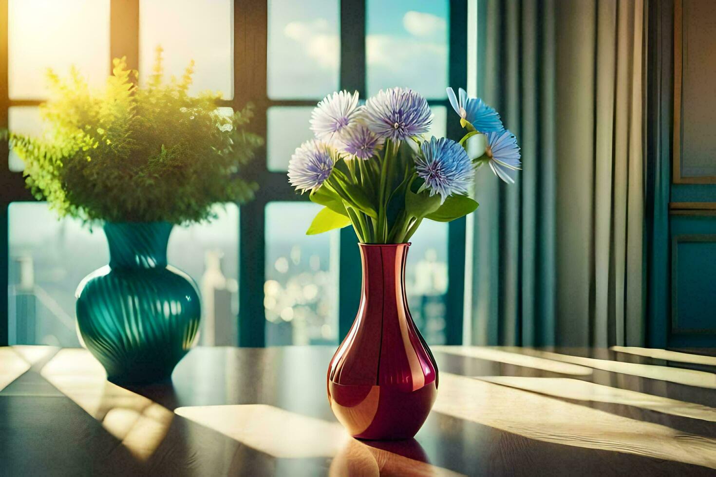 flowers in vases on a table with a view of the city. AI-Generated photo