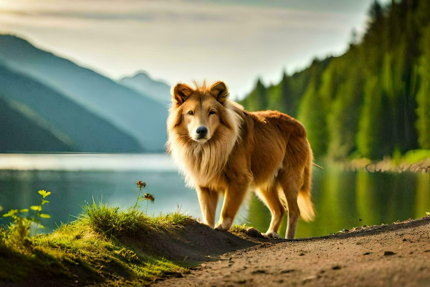 a dog standing on the side of a road near a lake. AI-Generated photo