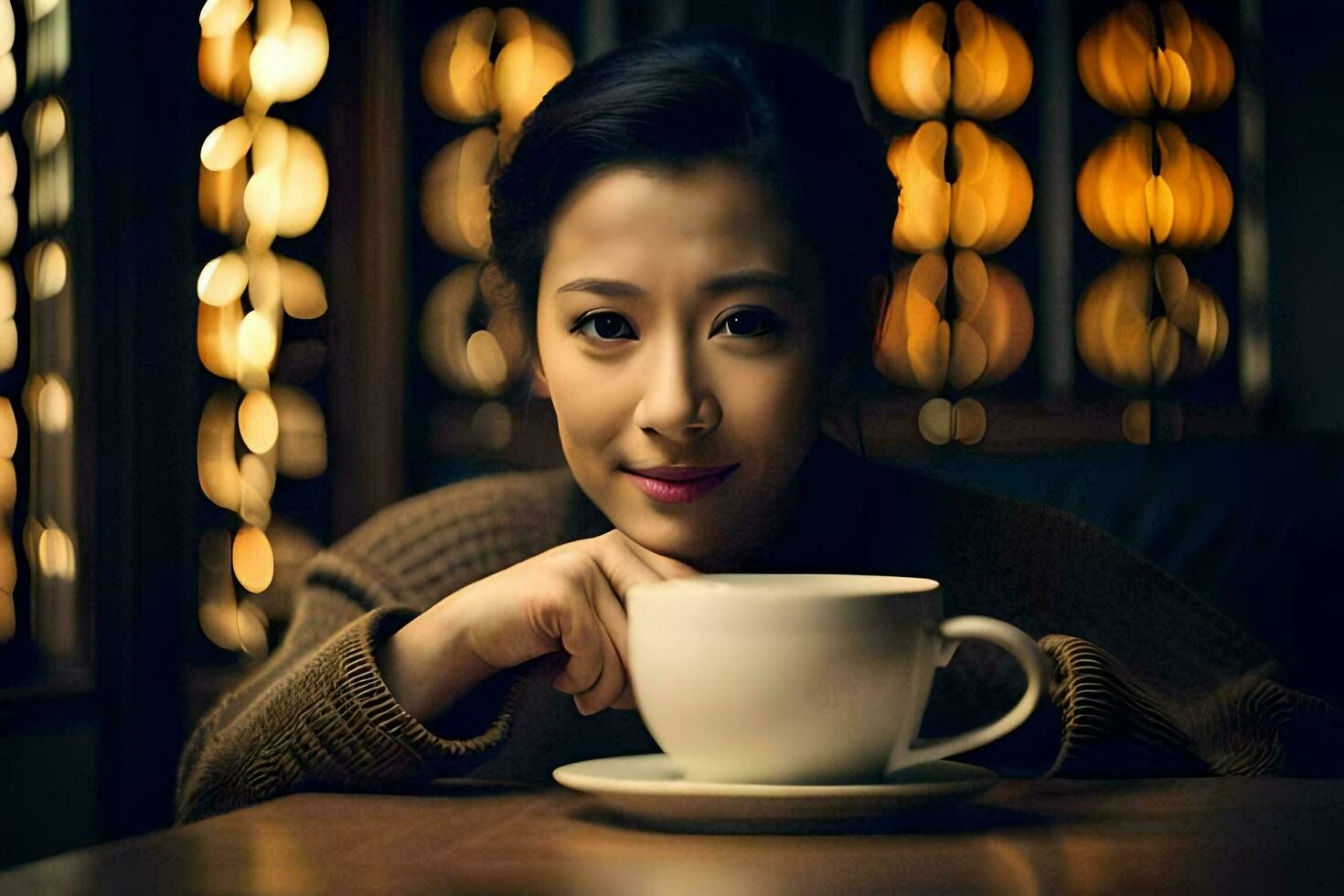 a woman is sitting at a table with a cup of coffee. AI-Generated photo
