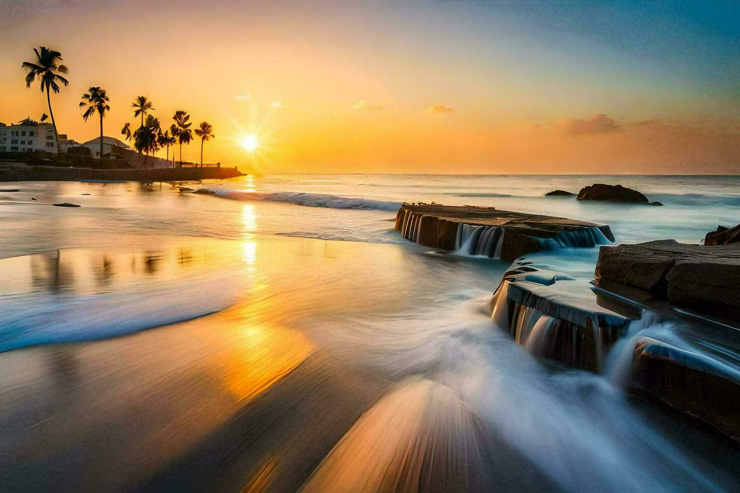 the sun sets over the ocean and waves crashing into the shore. AI-Generated photo