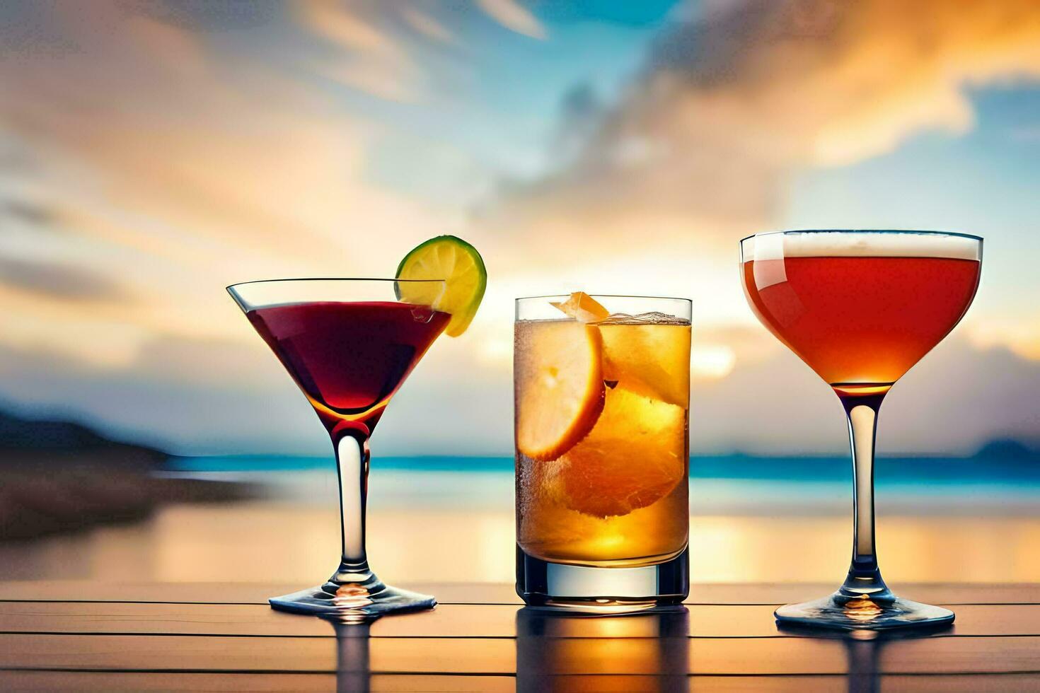 three different cocktails on a table with the sunset in the background. AI-Generated photo