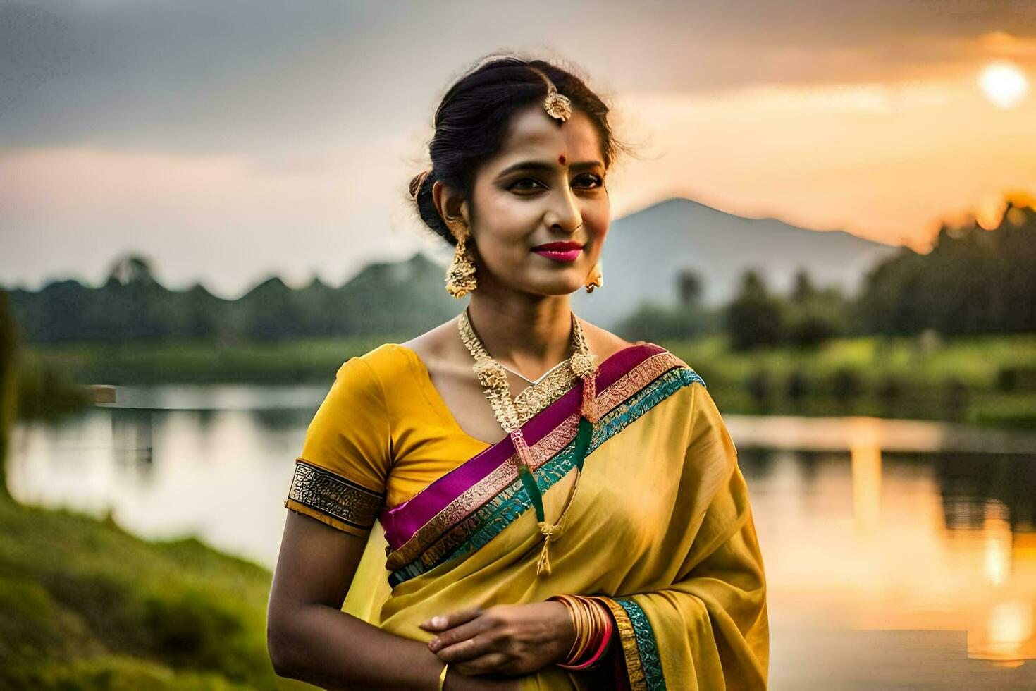 a beautiful woman in a yellow sari standing by a lake. AI-Generated photo