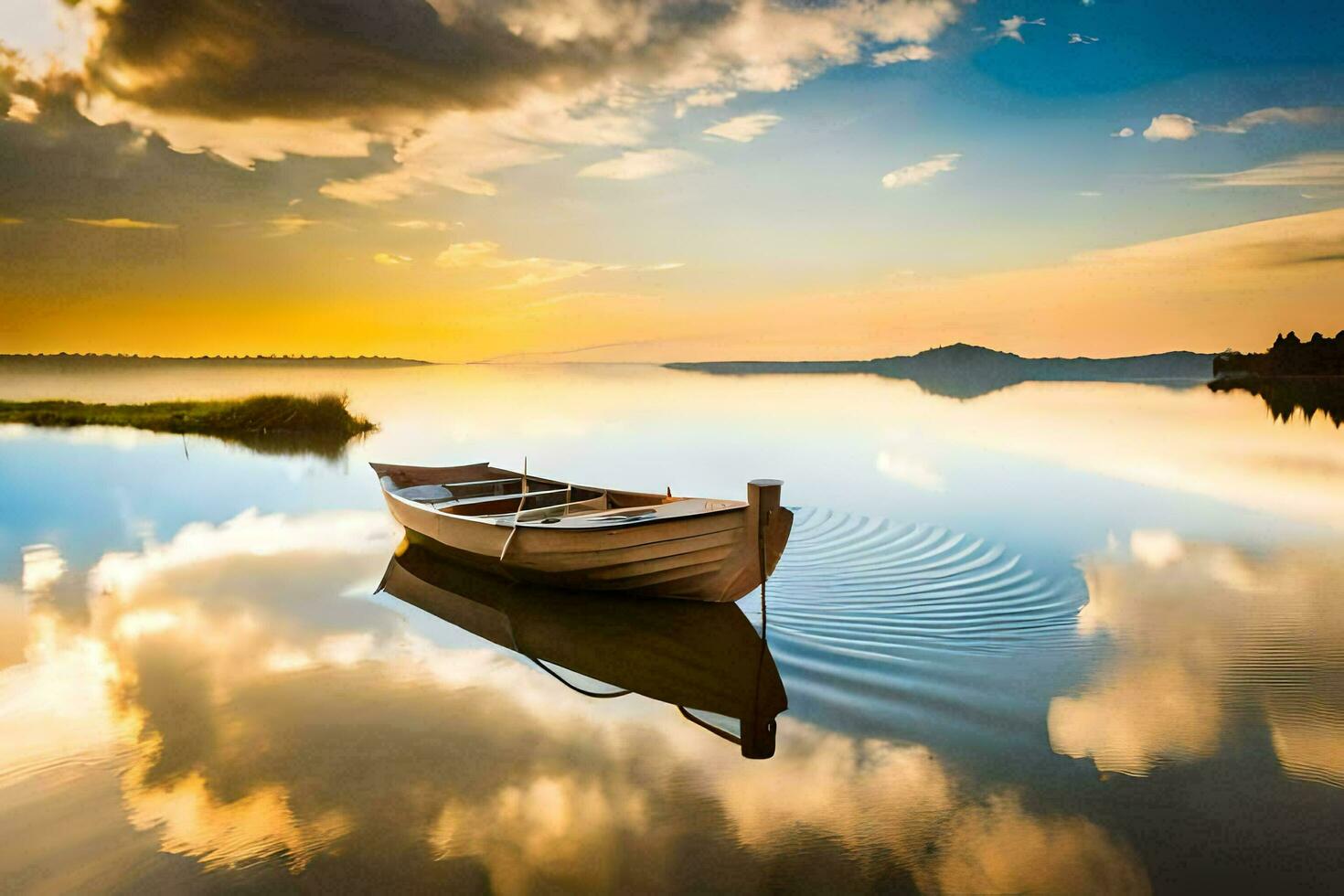 a boat floating on the calm water at sunset. AI-Generated photo