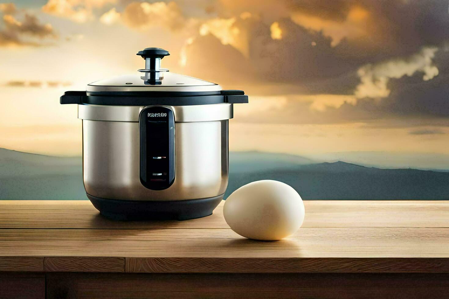 a stainless steel pressure cooker with an egg on a wooden table. AI-Generated photo