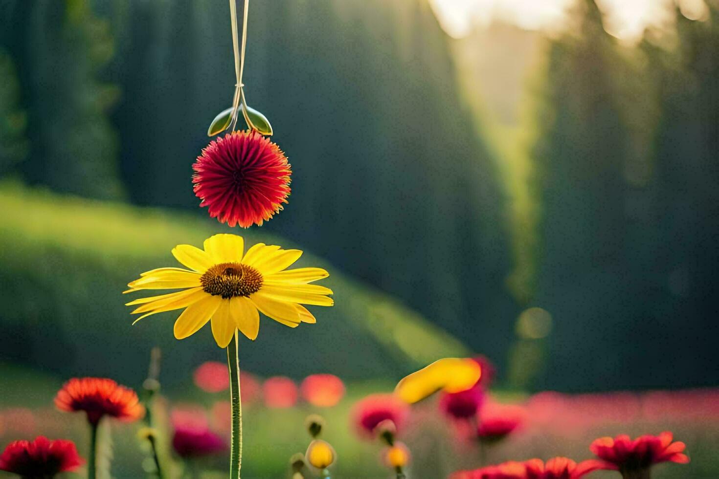 a red and yellow flower in a field with a tree in the background. AI-Generated photo