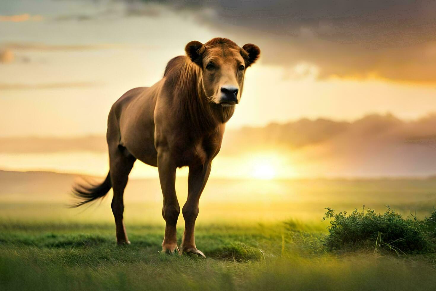 a brown cow stands in the middle of a field. AI-Generated photo
