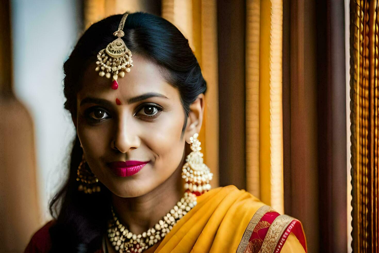 a beautiful indian bride in a yellow sari. AI-Generated photo