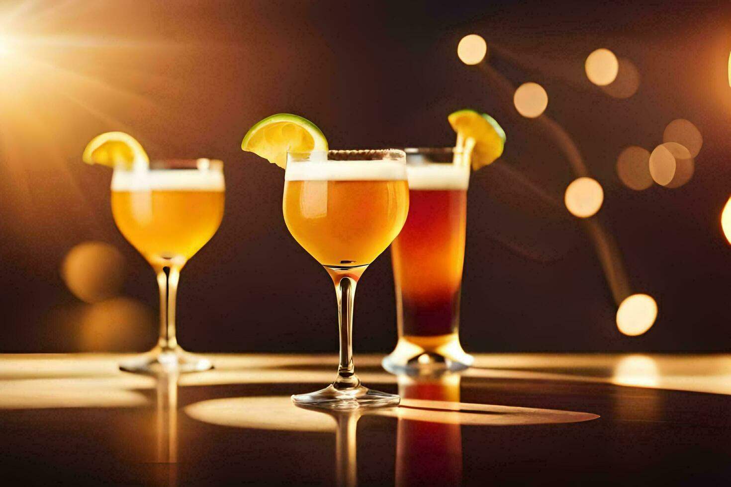 three glasses of beer with lime slices on the table. AI-Generated photo