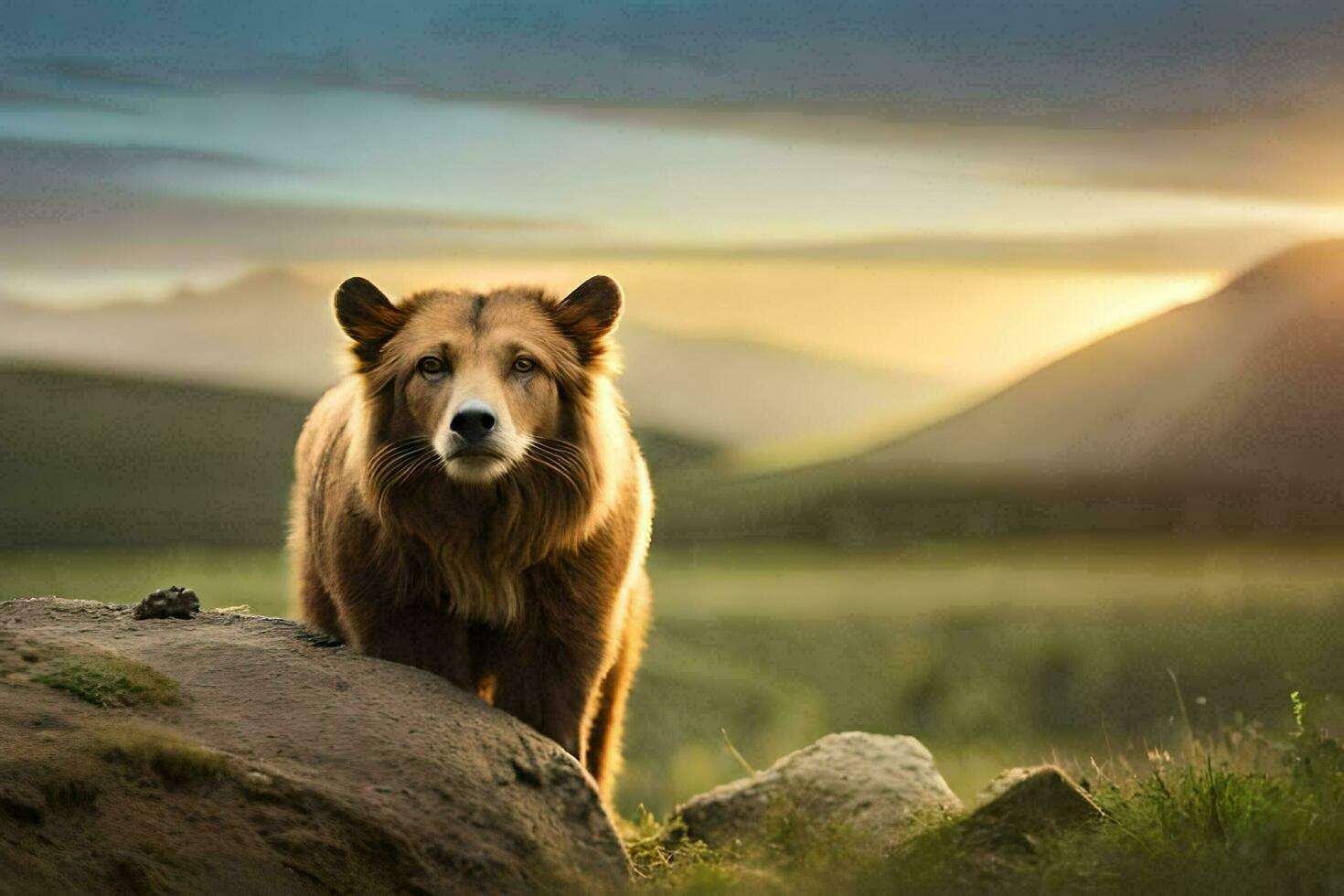 a bear standing on a rock in the middle of a field. AI-Generated photo