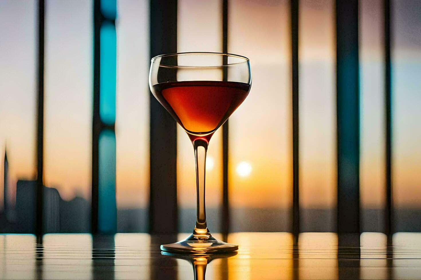 a glass of wine on a table in front of a city skyline. AI-Generated photo