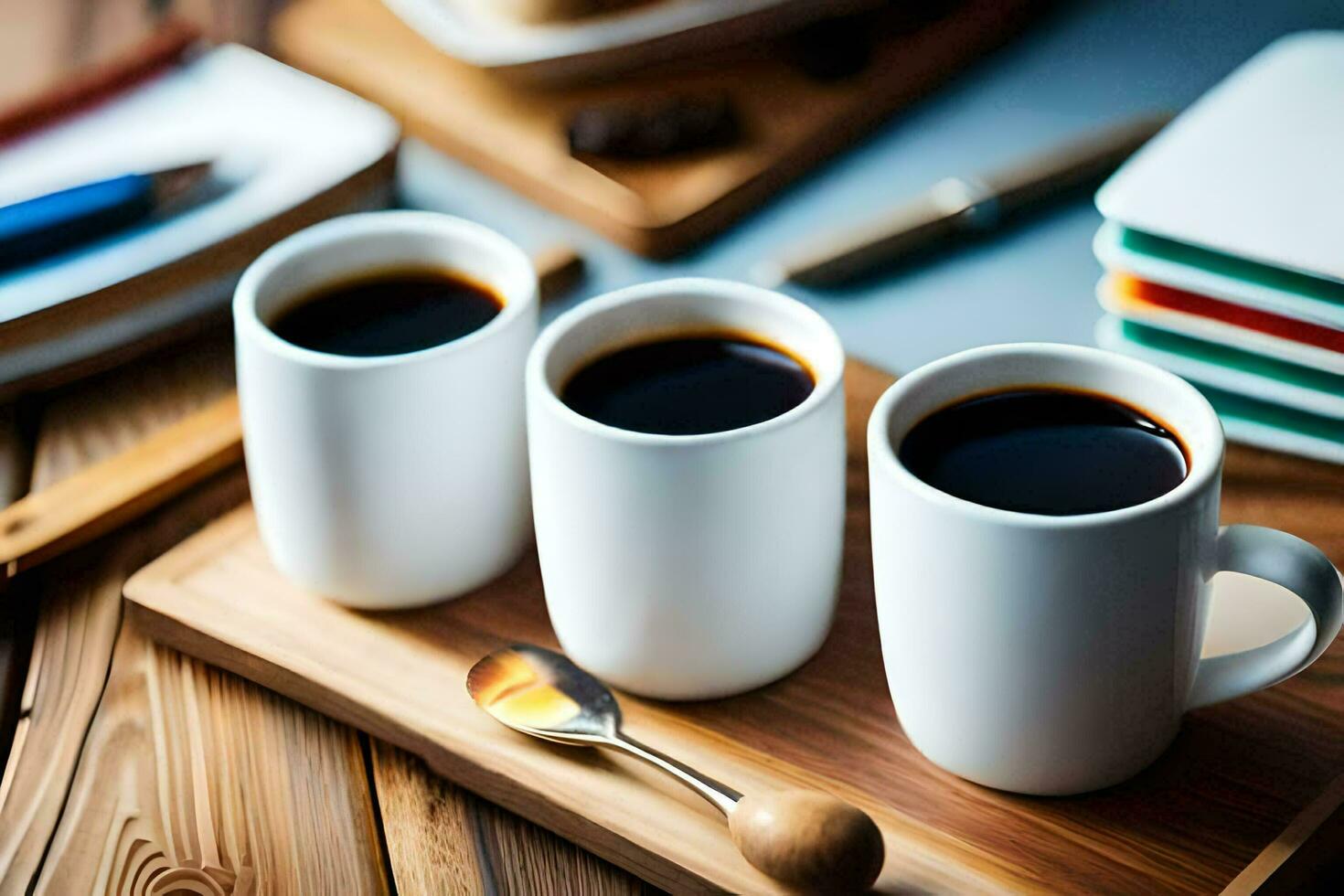 three cups of coffee on a wooden tray. AI-Generated photo