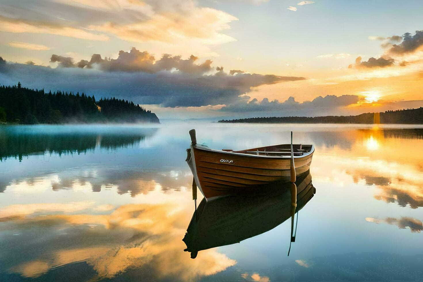 a boat sits on the water at sunset. AI-Generated photo