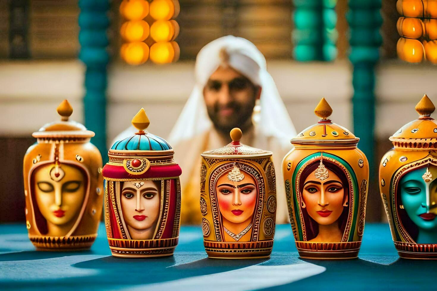 a man in a turban sits next to a set of colorful vases. AI-Generated photo