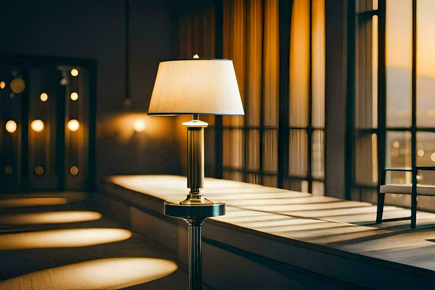 a lamp sitting on a table in front of a window. AI-Generated photo