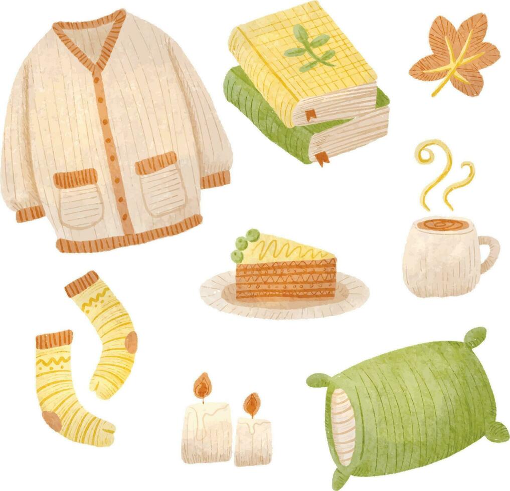 Autumn set with book, coffee, candle, cake. Autumn elements collection. Warm and cozy fall season icons. Clothes, books, cinnamon, pumpkin pie, candles, relax. cozy autumn set in warm colors. vector