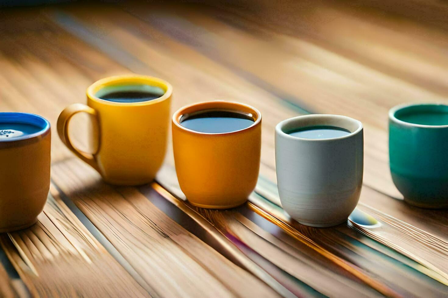 five different colored coffee cups lined up on a wooden table. AI-Generated photo