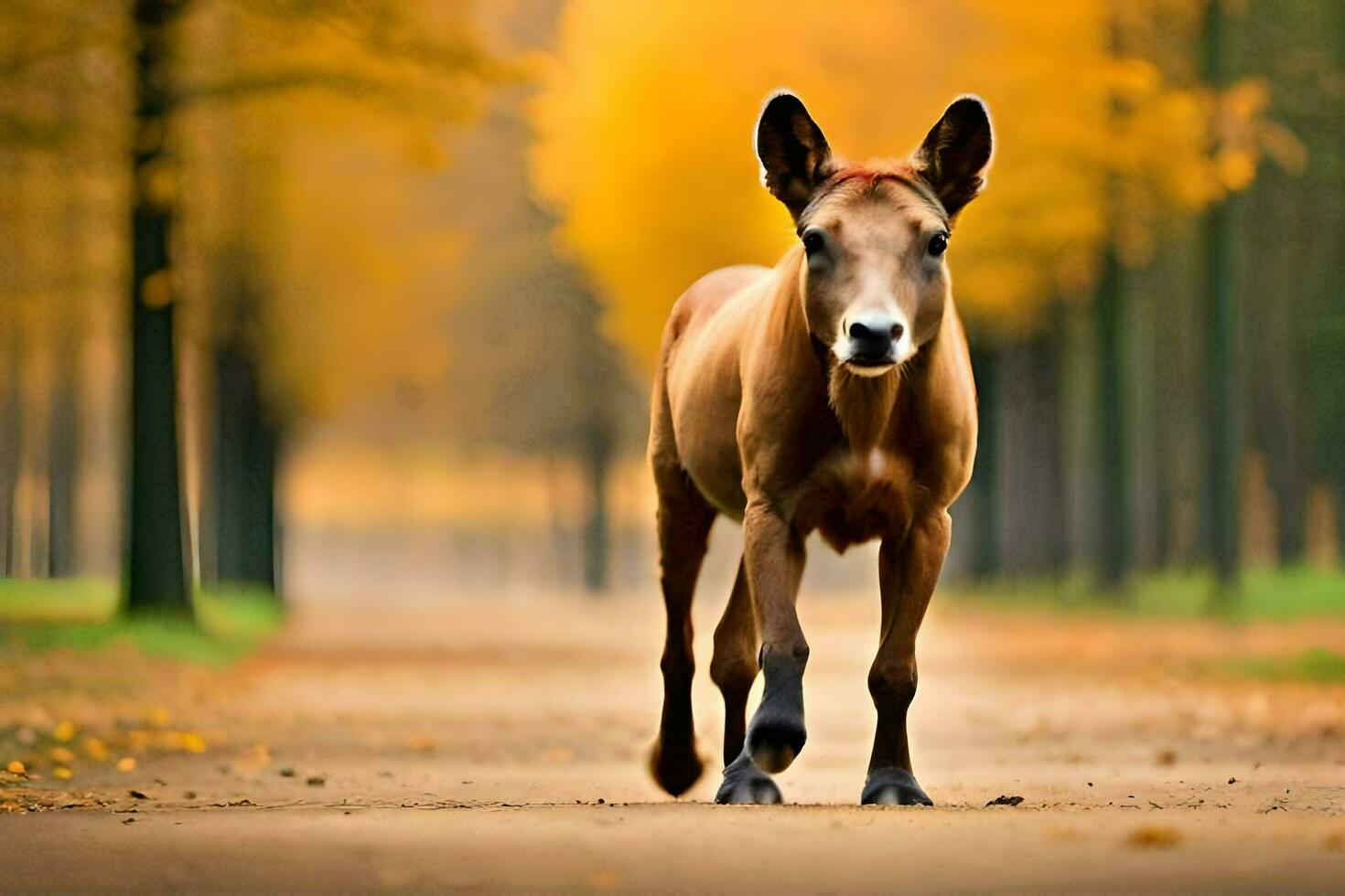 a small horse walking down a path in the fall. AI-Generated photo