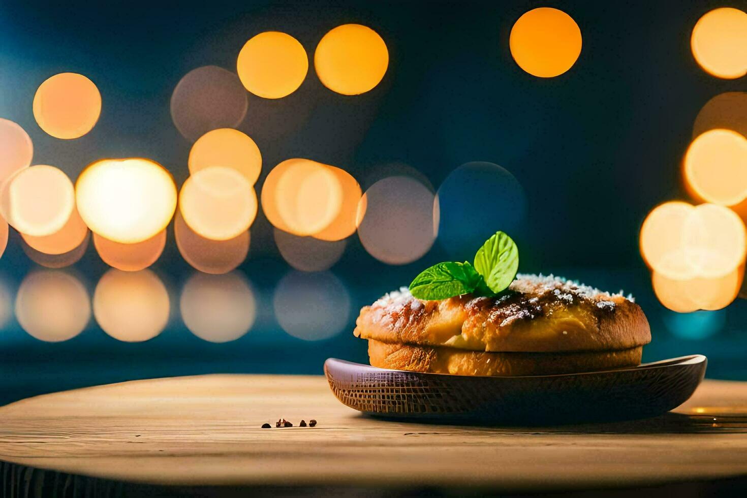 a pastry on a wooden table with lights in the background. AI-Generated photo