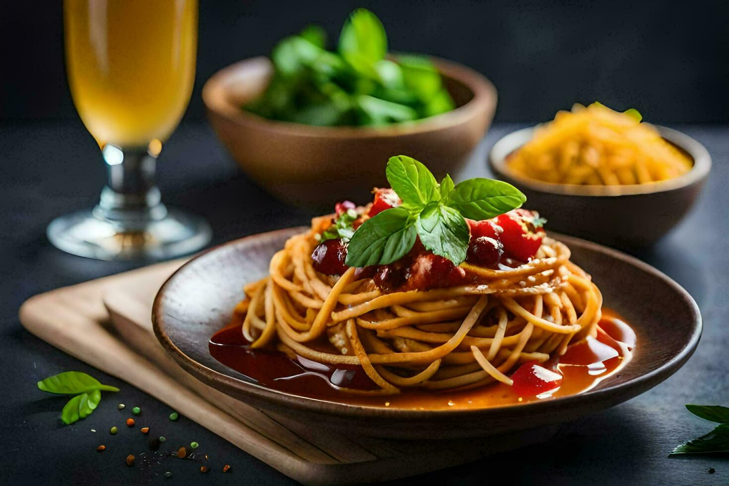 spaghetti with tomato sauce and basil leaves. AI-Generated photo
