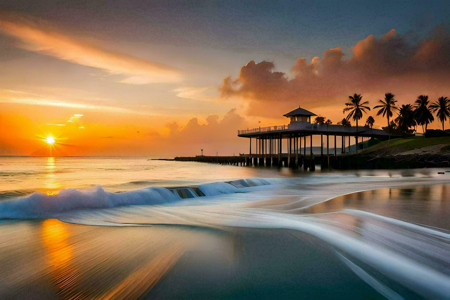 the sun sets over a pier and waves. AI-Generated photo