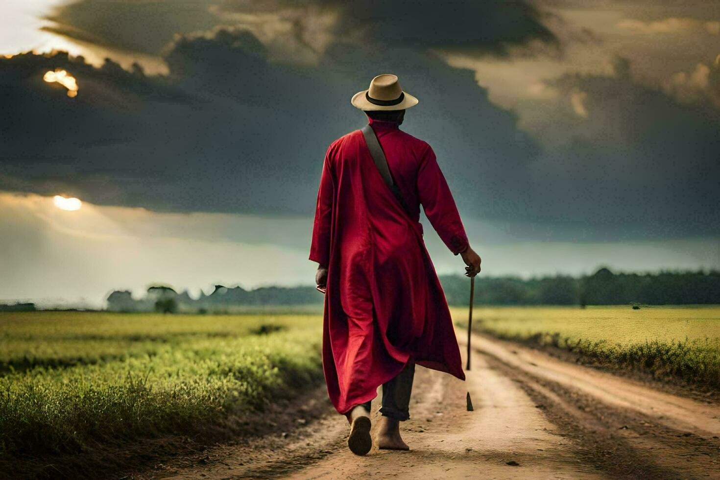 a man in a red coat and hat walking down a dirt road. AI-Generated photo