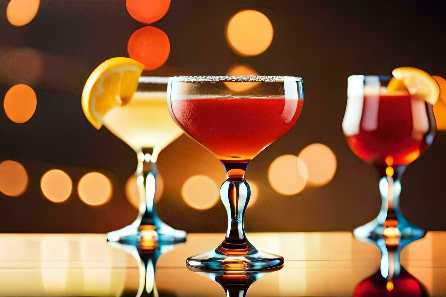 three different cocktails on a table with a bright light behind them. AI-Generated photo