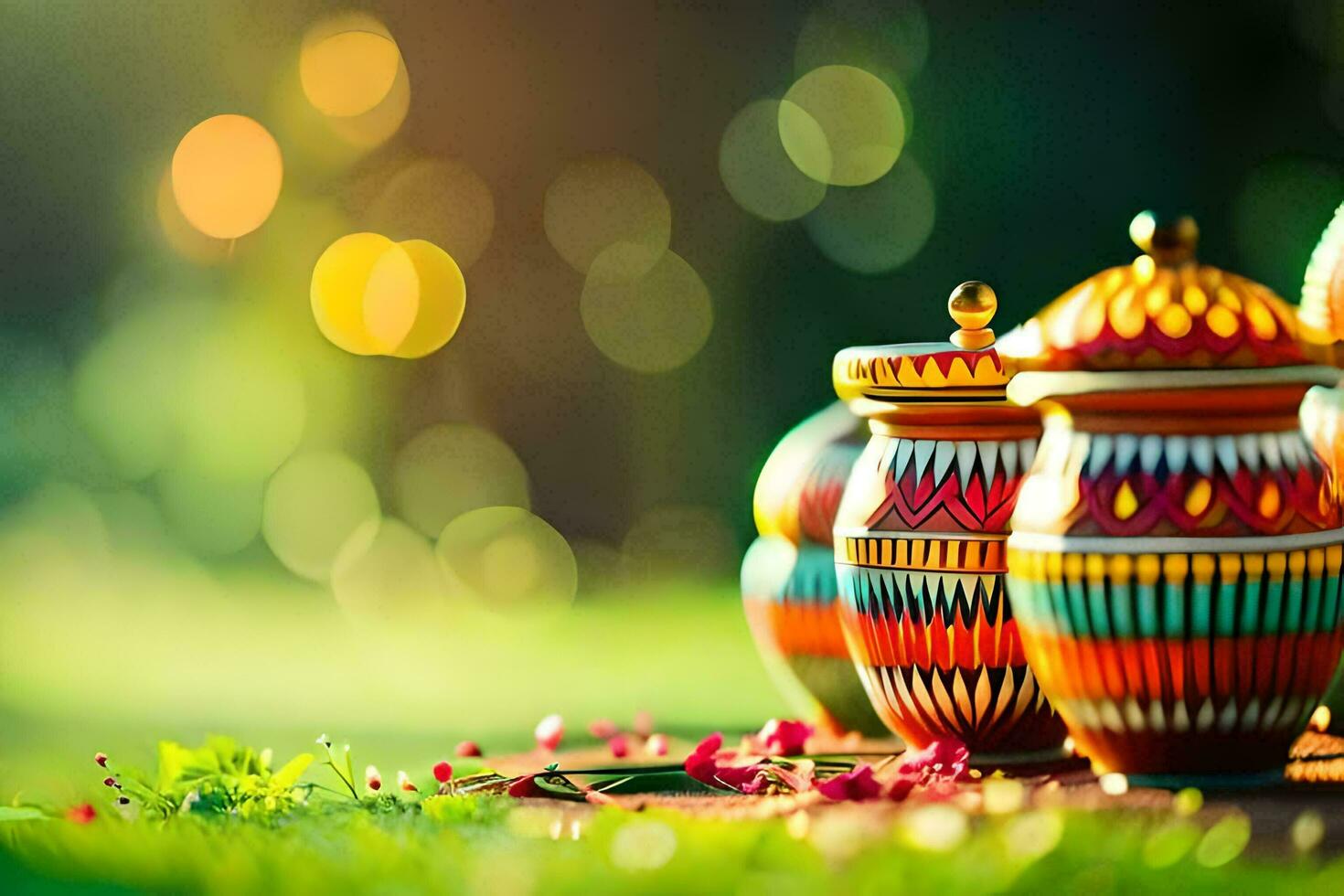 colorful pots sitting on the grass with a green background. AI-Generated photo