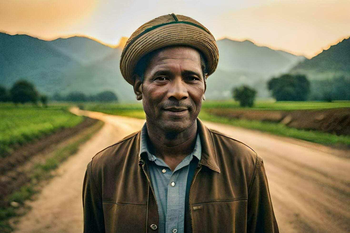 a man in a hat standing on a dirt road. AI-Generated photo
