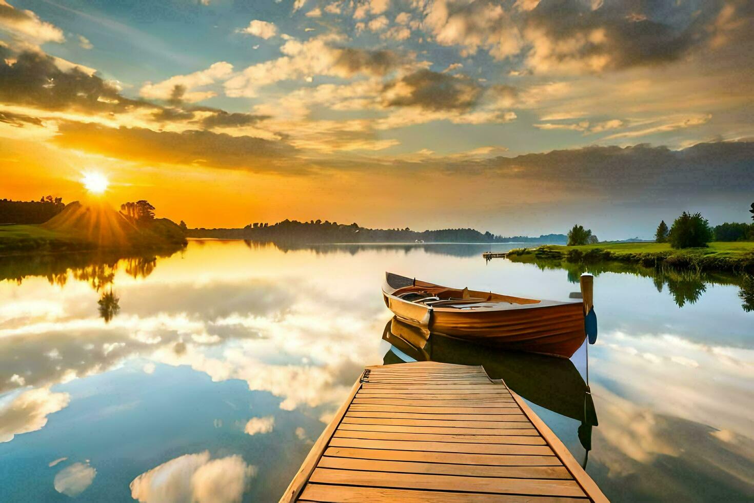 a boat is docked on a dock at sunset. AI-Generated photo