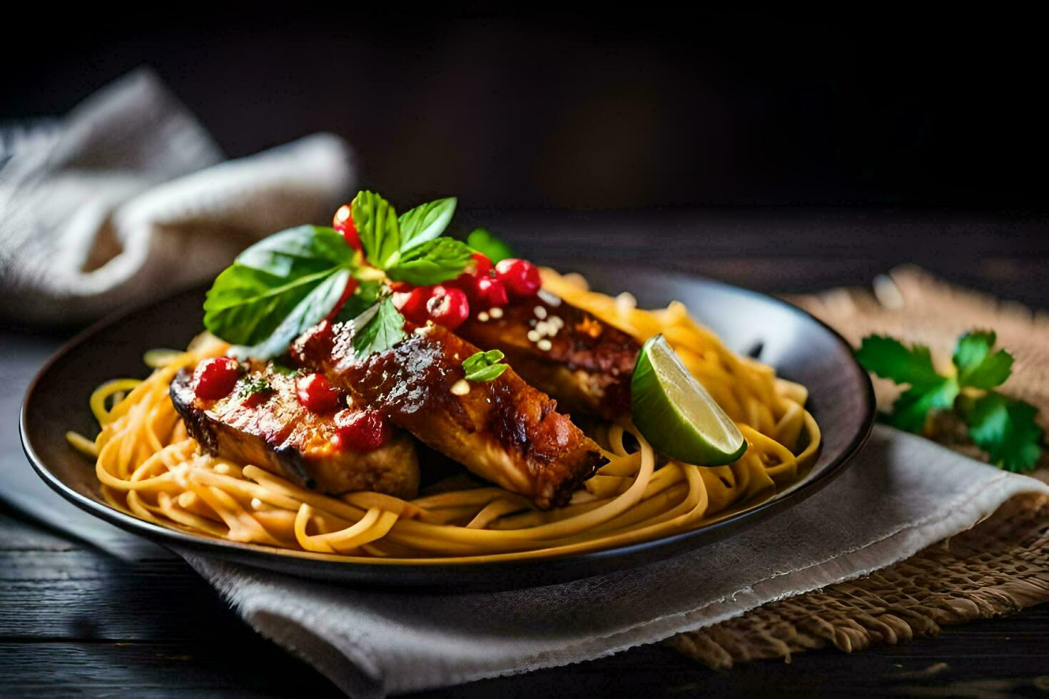 chicken with noodles and pomegranate on a plate. AI-Generated photo