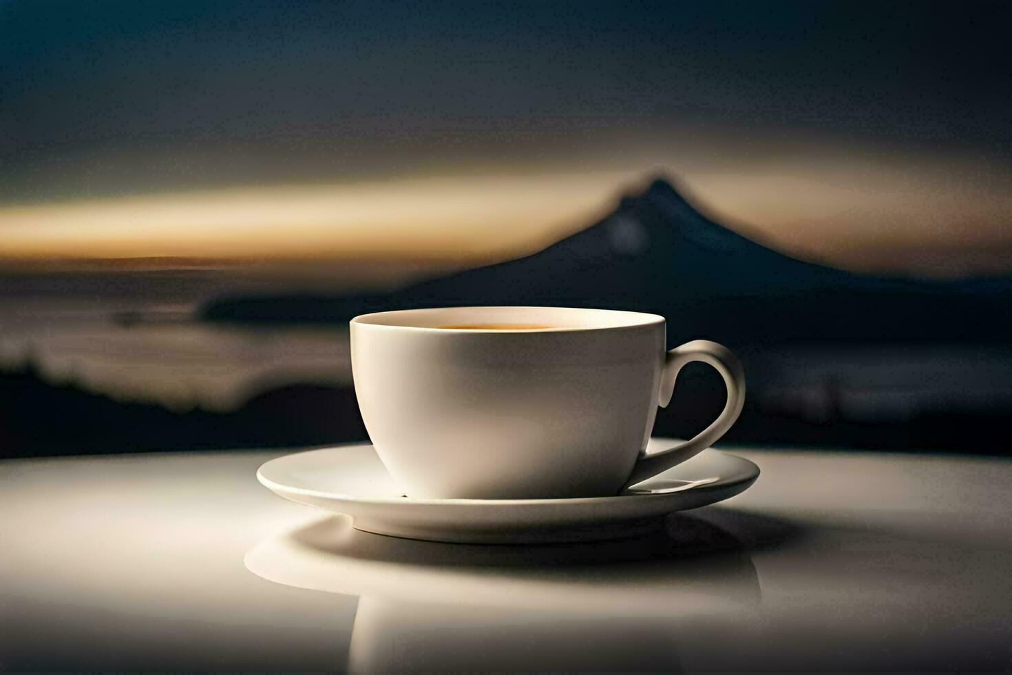 a cup of coffee on a table with a mountain in the background. AI-Generated photo